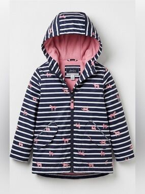 Joules Girl’s  Waterproof Raincoat Jacket Navy Stripe with Pink Horses.  Size 5y